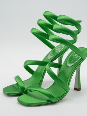 size 37.5 7.5 US Rene Caovilla Cleo Green Sandals Heels 105 Satin